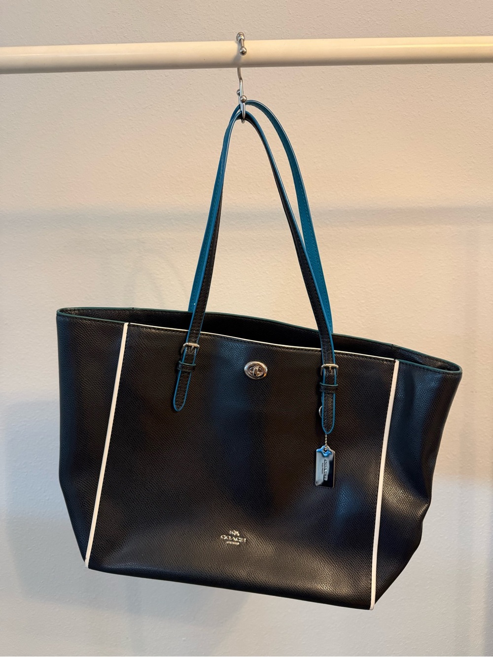 Coach Black Leather Tote with Teal Handles and White Piping